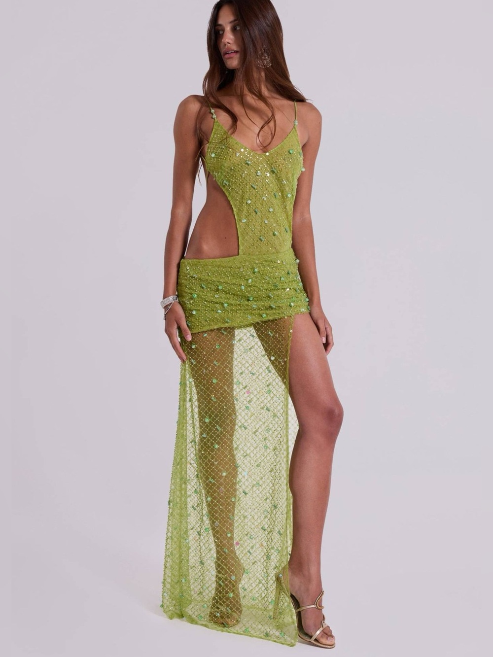Jaded London Green Beaded Mesh Knit Maxi Dress